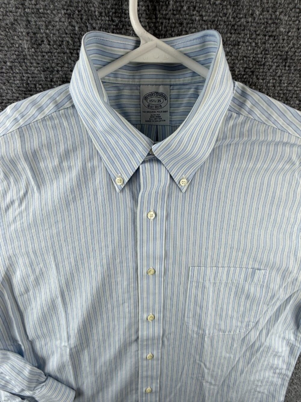 Brooks Brothers Slim 15.5 35 Striped Non-Iron Button-Down Blue White Cotton Men